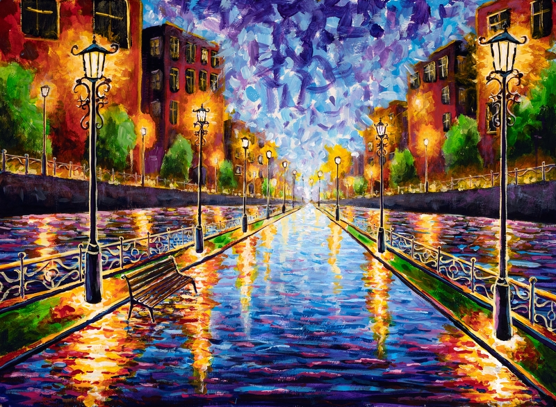 A,Beautiful,Cityscape,At,Night,With,Old,Buildings,And,Vintage