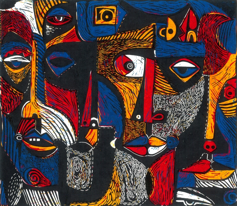 Faces And Masks - Illustrations In Linocut Style 