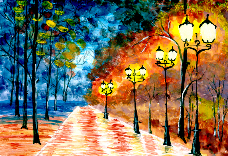 Night,Autumn,City,Alley.,Original,Expressionism,Painting,Evening,Park,Cityscape.