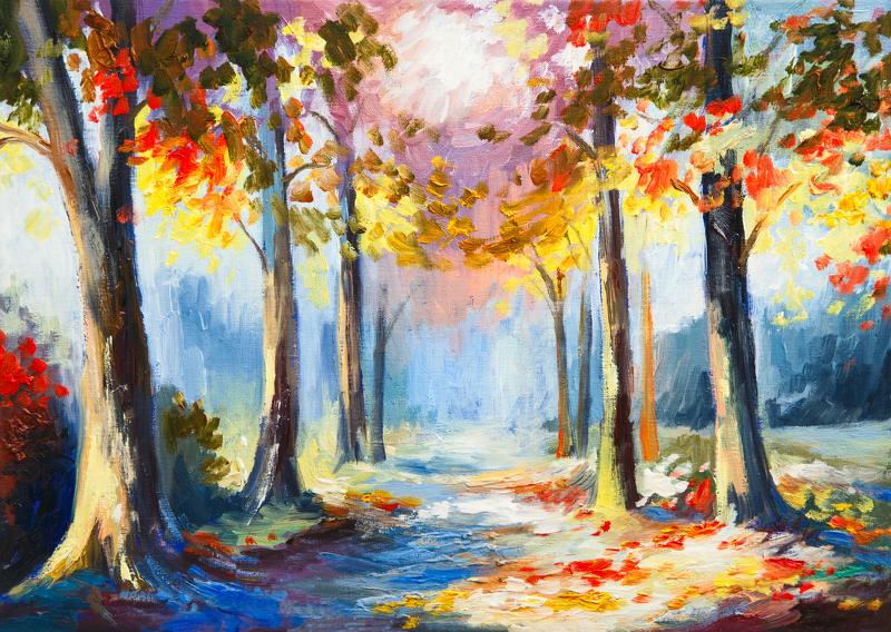 Oil,Painting,-,Colorful,Spring,Landscape,,Road,In,The,Forest,