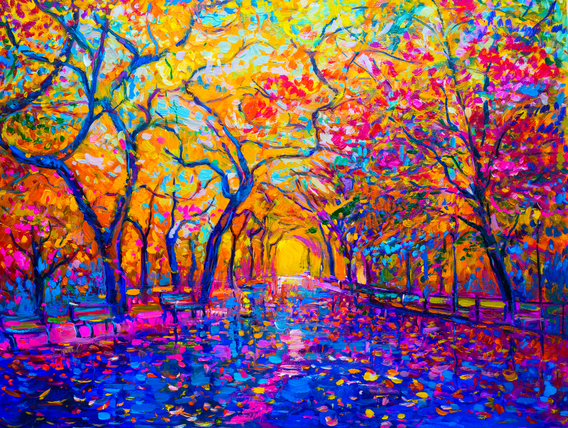 Oil,Painting,Landscape,-,Autumn,Forest,,Bright,Red,Leaves,,Blue