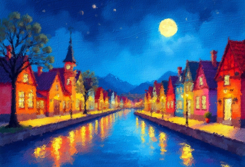 Watercolor,Painting,,Beautiful,View,Of,Night,Calm,Town.,Lights,Of